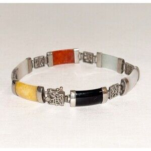 Vintage Sterling Silver Chinese Character Link Jade Multi Colored Bracelet